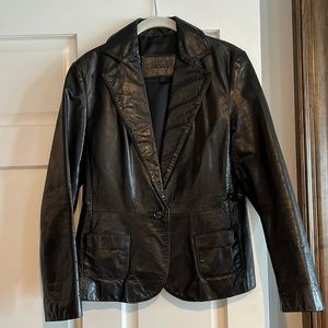 GUESS distressed genuine black leather one button closure blazer womens medium.